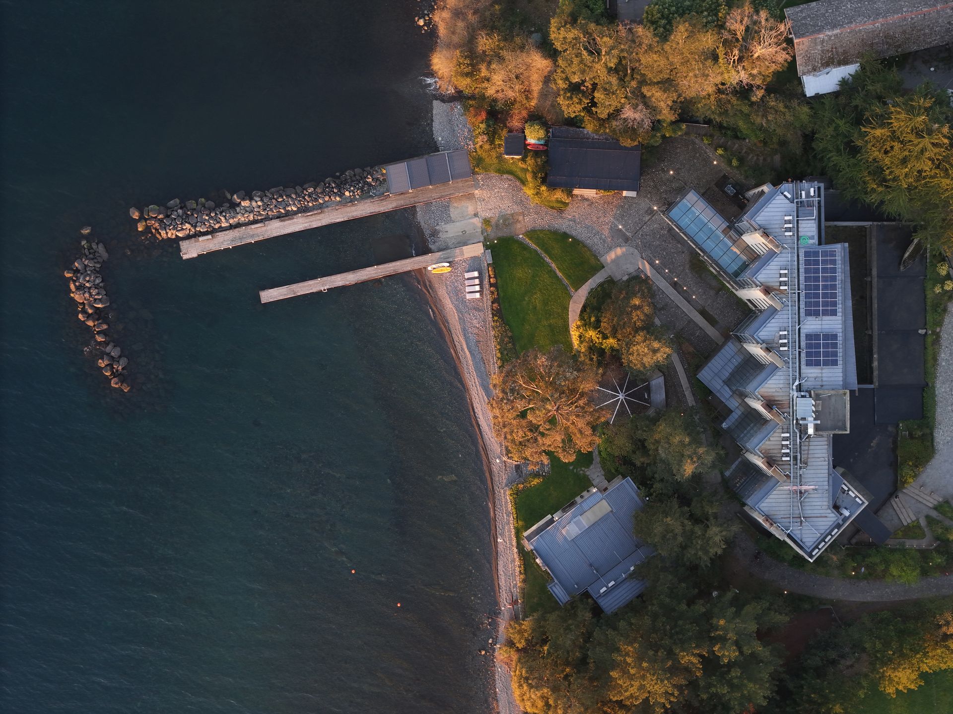 Aerial view of Hotel AWA on the shore of Lake Llanquihue
